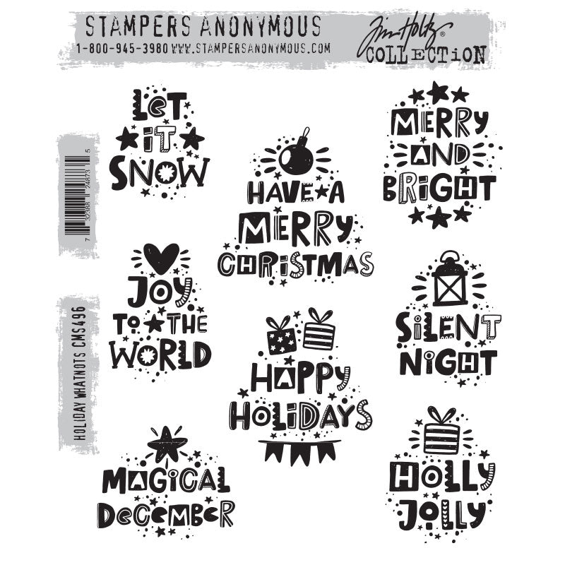 Holiday Whatnots ... by Tim Holtz and Stampers Anonymous (cms496). Sayings for the fun festive season in beautiful decorative lettering with sparkles, stars and icons. Set includes 8 (eight) designs for creating fun greeting cards, journal pages, scrapbooking, art, postcards, tags, mixed media, visual arts and papercrafts. This set of Tim stamps features festive Christmas and holiday sayings in a fun decorative typography style with icons and fabulous lettering.