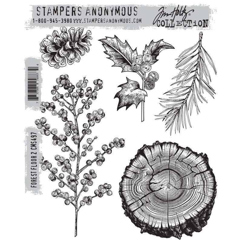Forest Floor set 2 ... by Tim Holtz and Stampers Anonymous (cms497). Beautiful designs inspired by Mother Nature. Set includes 5 (five) designs for creating fun greeting cards, journal pages, scrapbooking, art, postcards, tags, mixed media, visual arts and papercrafts. This set of Tim stamps features beautiful leaves, fronds, branches, pinecone and topview of an old tree stump showing the beautiful rings and life-worn cracks encased in rough textured bark.