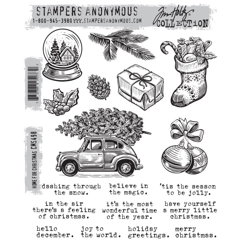 Home for Christmas ... by Tim Holtz and Stampers Anonymous (cms498). Set includes 18 (eighteen) designs for creating fun greeting cards, journal pages, scrapbooking, art, postcards, tags, mixed media, visual arts and paper crafts. This set of Tim stamps features beautiful illustrations in an engraved style and wonderful messages in lowercase typewriter typestyle.