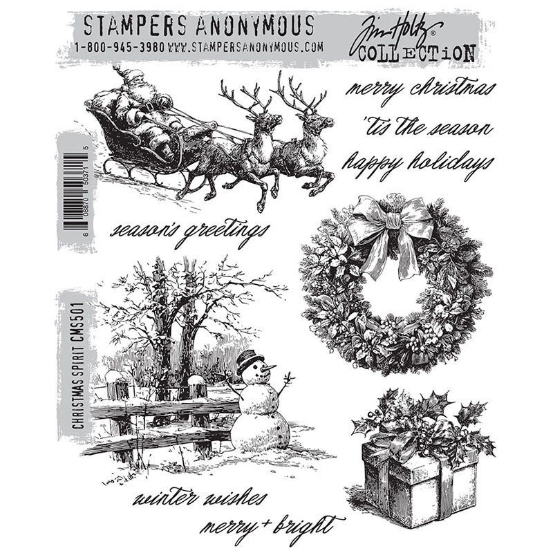 Christmas Spirit ... red rubber stamp set by Tim Holtz and Stampers Anonymous (CMS501). Stunning illustrations of a Father Christmas driving a sleigh with 2 reindeer, a wreath, gift box with holly, a snowy scene with snowman plus greetings for making cards, junk journals, accordion booklets, ATCs and cards, journal pages, scrapbooking, art, postcards, tags, mixed media and other crafty papercrafts. 10 (ten) designs.