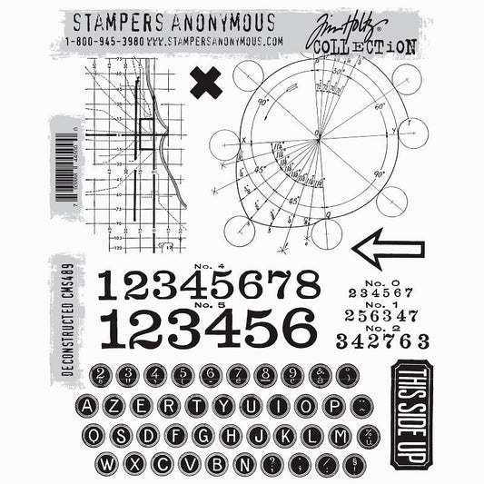 Deconstructed ... by Tim Holtz and Stampers Anonymous (cms489). Labels, numerals, typewriter letters, arrow and more. Set includes 8 (eight) designs for creating journal pages, scrapbooking, art, cards, tags, mixed media, visual arts and papercrafts.   This set of Tim stamps features a large round dial, keyboard of letters and punctuation (each in circles, reversed out), rows of numbers in 2 sizes, arrow, cross or X, label (this side up, rectangular), and a chart with lines and numbers on a grid.