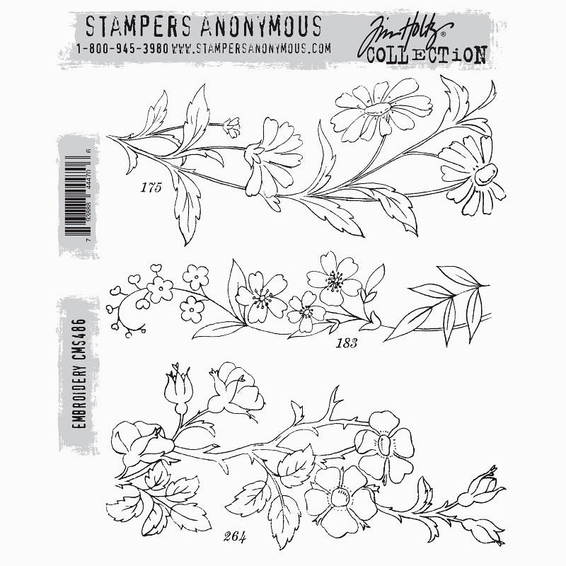 Embroidery ... by Tim Holtz and Stampers Anonymous (cms486). Delicate trio of flowers and foliage. Set includes 3 (three) designs for creating journal pages, scrapbooking, art, cards, tags, mixed media, sewing, visual arts and papercrafts. This wonderful collection has three beautifully illustrated floral designs, each with flowers, buds, leaves, twigs, one with thorns. Each hand-drawn with fine lines and lovely detailed features. Ideal for stamping and colouring with inks, paints, pencil, threads.