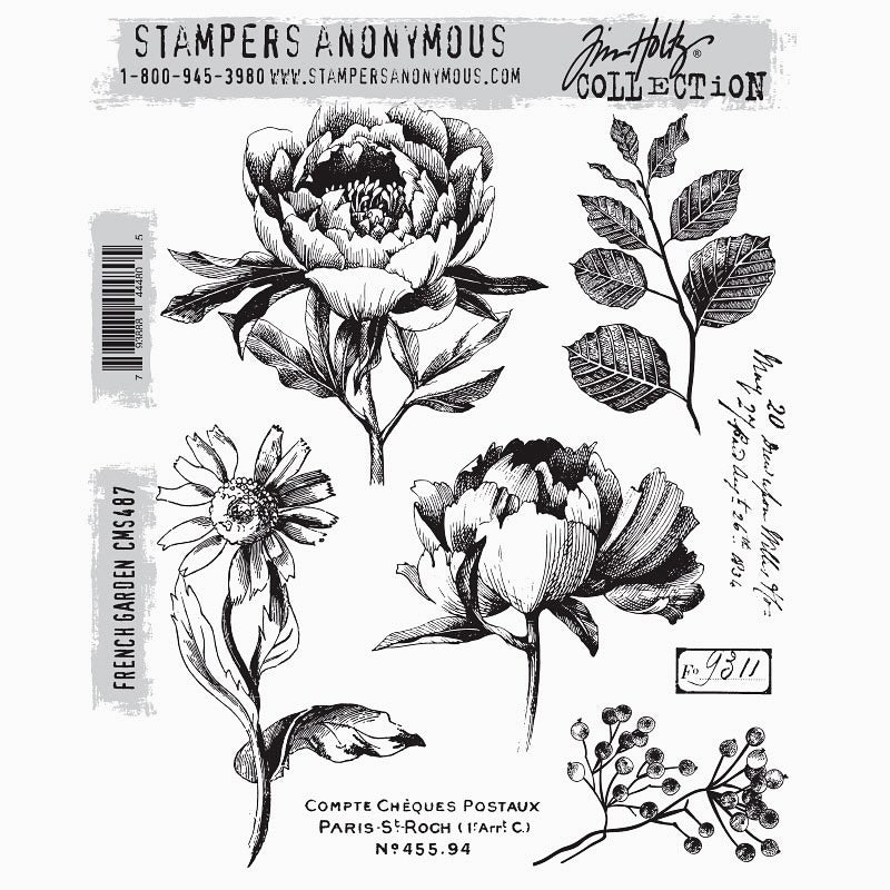 French Garden ... by Tim Holtz and Stampers Anonymous (cms487). Botanical illustrations of flowers, leaves and labels. Set includes 8 (eight) designs for creating journal pages, scrapbooking, art, cards, tags, mixed media, visual arts and papercrafts.