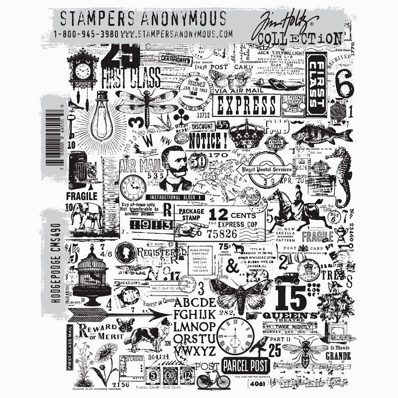 Hodgepodge ... by Tim Holtz and Stampers Anonymous (cms490). One large rectangular stamp with many many design elements. Set includes 1 (one) stamp for creating journal pages, scrapbooking, art, cards, tags, mixed media, visual arts and papercrafts. Overall size is 6 1/4" x 7 15/16". This amazing large stamp is one of a kind. A collaged gathering of tiny labels, creatures, clocks, birdcage, lightbulb, fish, seahorse, horse and rider, moths, cuckoo clock and more.