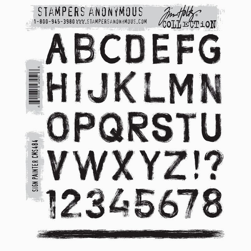 Sign Painter ... by Tim Holtz and Stampers Anonymous (cms484). Alphabet, numbers, punctuation. Set includes 37 (thirty seven) designs for creating journal pages, scrapbooking, art, cards, tags, mixed media, sewing, visual arts and papercrafts. This wonderful alphabet and number set includes A to Z, numbers 1 to 8 (O is also 0), a question mark, an exclamation mark and a long brush stroke.