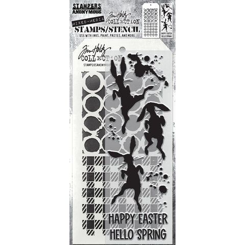 Bunny Hop - Clear Stamps and Stencil Set ... by Tim Holtz and Stampers Anonymous. Set of 10 (ten) clear photopolymer stamps and 1 (one) combo stencil for using in papercrafts, mixed media, journaling, scrapbooking and other creative arty adventures (THMM183).  This fun set of clear stamps and complimenting multi-patterned stencil features Tim's three adorable hopping rabbits from the Sizzix Thinlits die cutting templates (also available, sold separately).