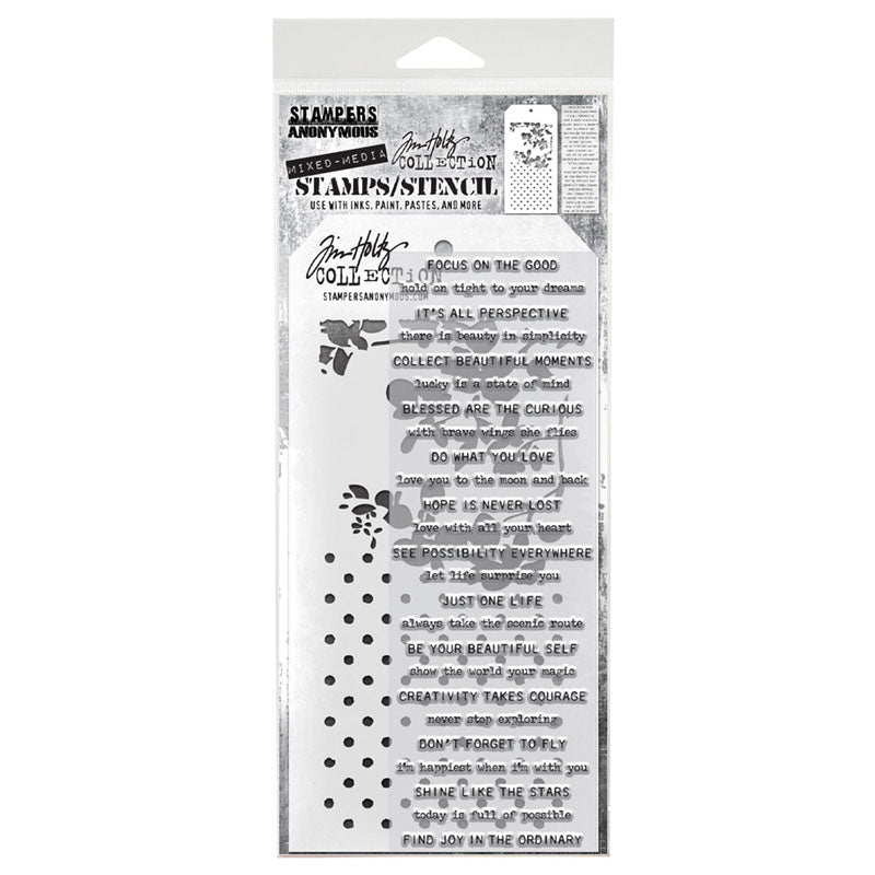 Tiny Text - Clear Stamps and Stencil Set ... by Tim Holtz and Stampers Anonymous. Set of clear photopolymer stamps featuring 25 meaningful positive quotes in an easy to read typestyle plus 1 (one) combo stencil with 2 designs, for using in papercrafts, mixed media, journaling, scrapbooking and other creative arty adventures (THMM113).
The multi-patterned stencil has a combination of 2 patterns - beautiful blossoms in stylized silhouette and rows of polka dots.