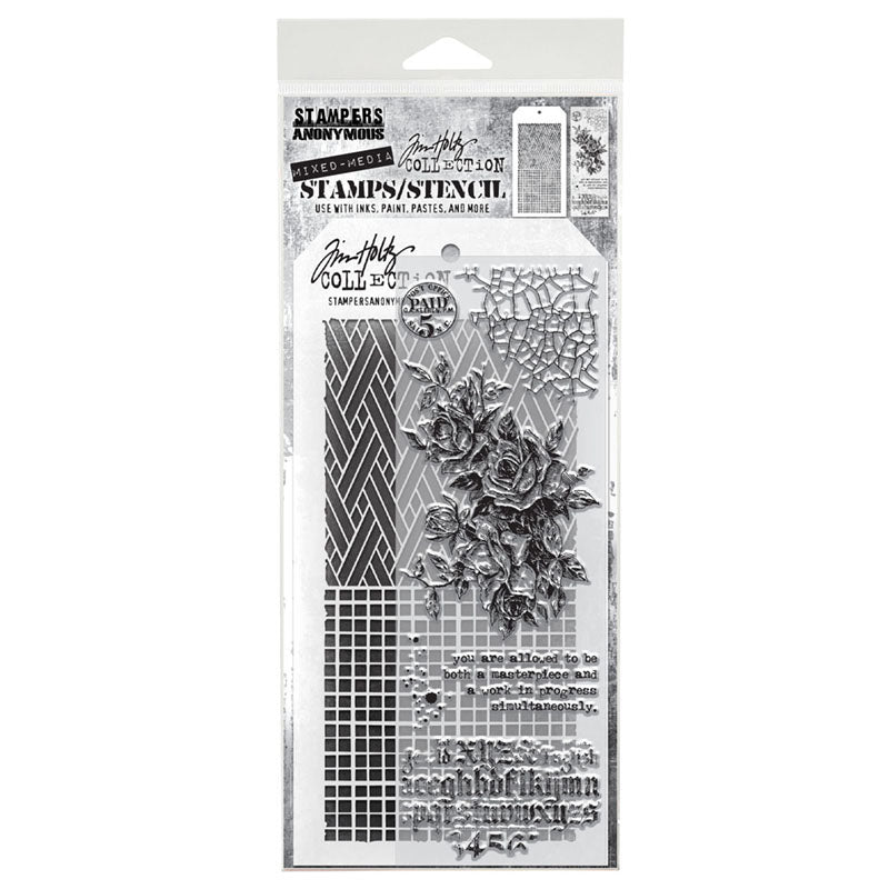 Roses with Faded Type - Clear Stamps and Stencil Set ... by Tim Holtz and Stampers Anonymous. Set of 6 (six) clear photopolymer stamps featuring postmark, crackled corner, engraved roses, splatters, typed quote and section of rustic lettering, plus 1 (one) combo stencil with 2 designs, for using in papercrafts, mixed media, journaling, scrapbooking and other creative arty adventures (THMM119).
The quote says : you are allowed to be both a masterpiece and a work in progress simultaneously.