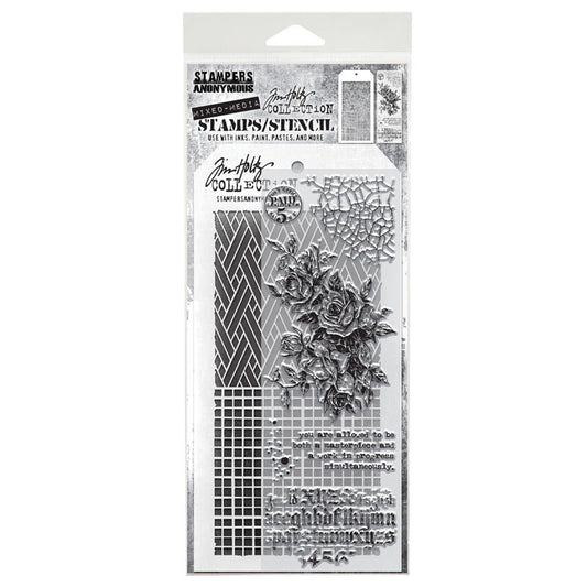 Roses with Faded Type - Clear Stamps and Stencil Set ... by Tim Holtz and Stampers Anonymous. Set of 6 (six) clear photopolymer stamps featuring postmark, crackled corner, engraved roses, splatters, typed quote and section of rustic lettering, plus 1 (one) combo stencil with 2 designs, for using in papercrafts, mixed media, journaling, scrapbooking and other creative arty adventures (THMM119).
The quote says : you are allowed to be both a masterpiece and a work in progress simultaneously.