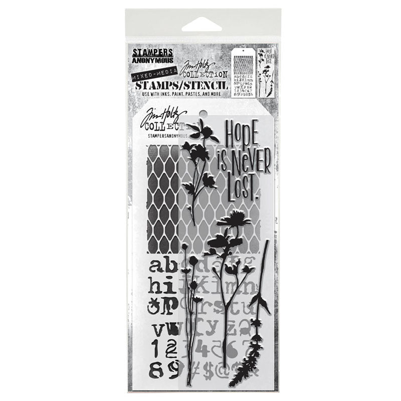 Hope is Never Lost - Clear Stamps and Stencil Set ... by Tim Holtz and Stampers Anonymous. Set of 5 (five) clear photopolymer stamps featuring 4 silhouettes of beautiful wildflowers and a quote for positivity in uppercase stylized lettering, plus 1 (one) combo stencil with 2 designs, for using in papercrafts, mixed media, journaling, scrapbooking and other creative arty adventures (THMM121).