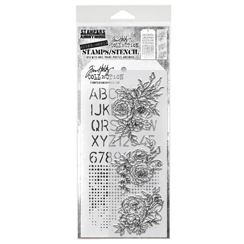 Trio of Scribbly Flowers - Clear Stamps and Stencil Set ... by Tim Holtz and Stampers Anonymous. Set of 3 (three) clear photopolymer stamps featuring really finely drawn floral bouquets in a loose freehand style plus 1 (one) combo stencil with 2 designs, for using in papercrafts, mixed media, journaling, scrapbooking and other creative arty adventures (THMM138).
The multi-patterned stencil has a combination of 2 patterns - uppercase alphabet in a thin typestyle and block of faded dots.