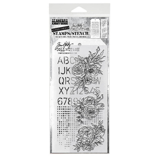 Trio of Scribbly Flowers - Clear Stamps and Stencil Set ... by Tim Holtz and Stampers Anonymous. Set of 3 (three) clear photopolymer stamps featuring really finely drawn floral bouquets in a loose freehand style plus 1 (one) combo stencil with 2 designs, for using in papercrafts, mixed media, journaling, scrapbooking and other creative arty adventures (THMM138).
The multi-patterned stencil has a combination of 2 patterns - uppercase alphabet in a thin typestyle and block of faded dots.