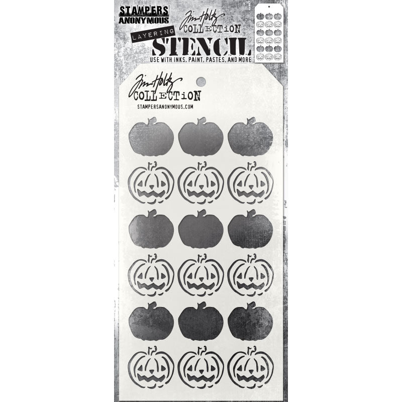 Jacks (pumpkins) - Layering Stencil by Tim Holtz and Stampers Anonymous ... mixed media and visual arts masks for adding patterns and layers to creative makes using your favourite paints and mediums. Overall stencil is 4" x 8 1/2". THS186.
This versatile Tim Holtz layering stencil has alternating rows of smiling pumpkins with outlines in one row, silhouette shapes on the other. Fun shapes for adding texture, blending, shading and layering.
