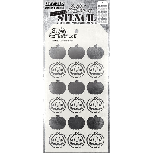 Jacks (pumpkins) - Layering Stencil by Tim Holtz and Stampers Anonymous ... mixed media and visual arts masks for adding patterns and layers to creative makes using your favourite paints and mediums. Overall stencil is 4" x 8 1/2". THS186. 
This versatile Tim Holtz layering stencil has alternating rows of smiling pumpkins with outlines in one row, silhouette shapes on the other. Fun shapes for adding texture, blending, shading and layering.