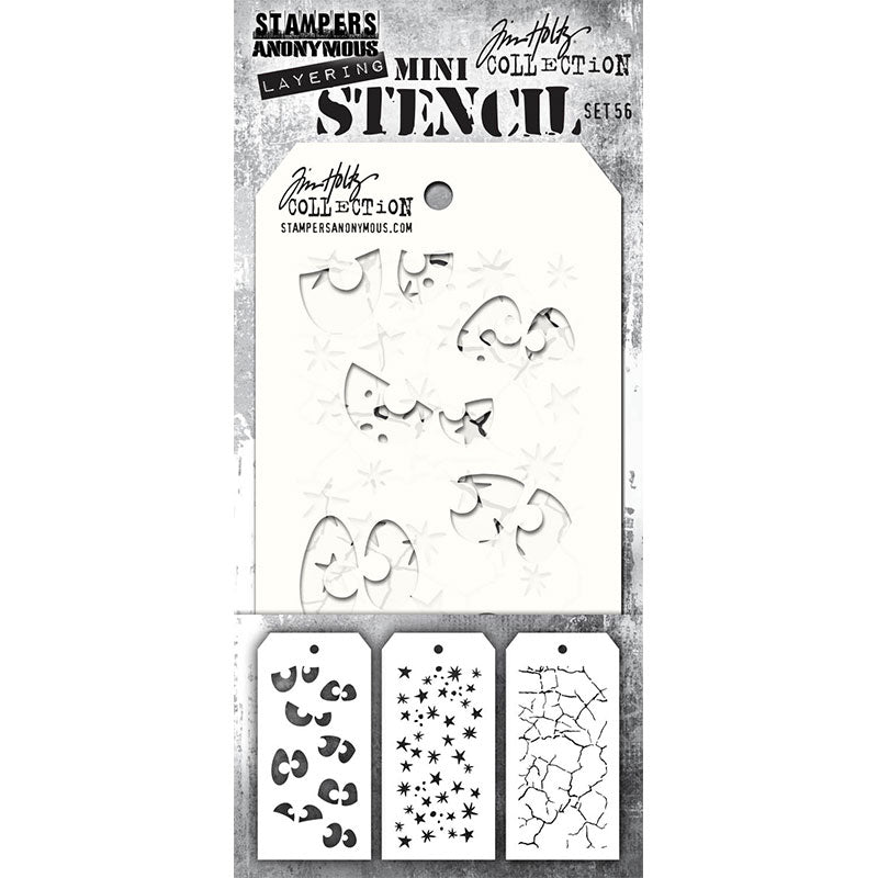 Set 56 - Mini Layering Stencils by Tim Holtz ... 3 (three) designs - Peekaboo, Fractured, Spellbound. One of each design, approx 8cm x 16cm in size and made by Stampers Anonymous (THMS056). A fun versatile set of three small stencils (8cm x 16cm tag)... - Peekaboo, comical eyes looking in all directions. - Fractured, an organic design of cracked lines of dried clay. - Spellbound, 5-pointed stars, 8-pointed sparkles, and various sized spots drawn in an organic natural style.