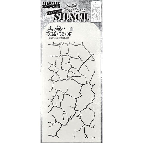 Fractured - Layering Stencil by Tim Holtz and Stampers Anonymous ... mixed media and visual arts masks for adding patterns and layers using your favourite mediums. One stencil with a design of crackled lines like dried clay. Overall stencil is 4" x 8 1/2". THS171.   This fantastic pattern looks to me like cracking clay ground when it is parched, all dried out, waiting for the next rain. This is sure to be (another) well used stencil. 