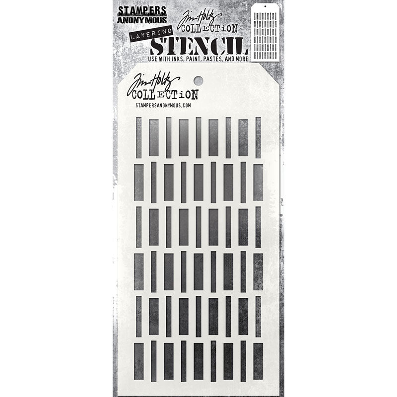 Sticks - Layering Stencil by Tim Holtz and Stampers Anonymous ... mixed media and visual arts masks for adding patterns and layers using your favourite mediums. One stencil with a design of short rectangles. Overall stencil is 4" x 8 1/2". THS172.   This fantastic Tim Holtz layering stencil has a versatile pattern of vertical lines of varying widths (rectangles, narrow and wide), in alternating rows. This is sure to be (another) well used stencil.