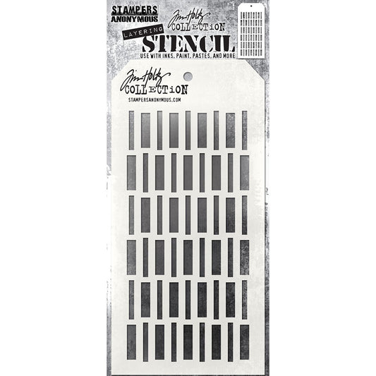 Sticks - Layering Stencil by Tim Holtz and Stampers Anonymous ... mixed media and visual arts masks for adding patterns and layers using your favourite mediums. One stencil with a design of short rectangles. Overall stencil is 4" x 8 1/2". THS172.   This fantastic Tim Holtz layering stencil has a versatile pattern of vertical lines of varying widths (rectangles, narrow and wide), in alternating rows. This is sure to be (another) well used stencil.