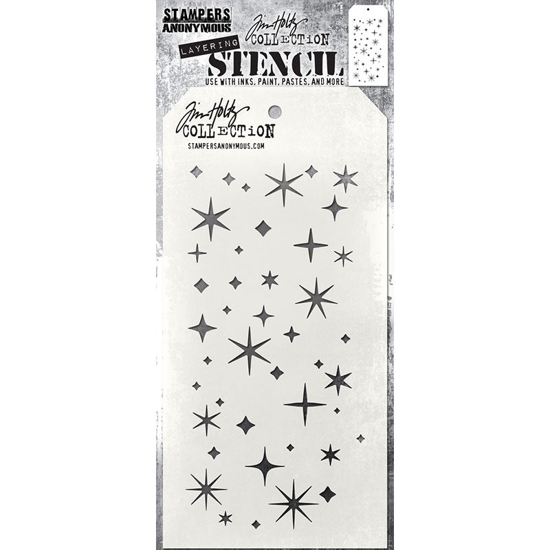 Twinkle - Layering Stencil by Tim Holtz and Stampers Anonymous ... mixed media and visual arts masks for adding patterns and layers using your favourite mediums. One stencil with a design of short rectangles. Overall stencil is 4" x 8 1/2". THS173.   This wonderful Tim Holtz layering stencil has a starry sparkly beautiful pattern over the whole area. This is sure to be (another) well used stencil.