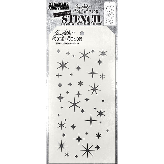 Twinkle - Layering Stencil by Tim Holtz and Stampers Anonymous ... mixed media and visual arts masks for adding patterns and layers using your favourite mediums. One stencil with a design of short rectangles. Overall stencil is 4" x 8 1/2". THS173.   This wonderful Tim Holtz layering stencil has a starry sparkly beautiful pattern over the whole area. This is sure to be (another) well used stencil.