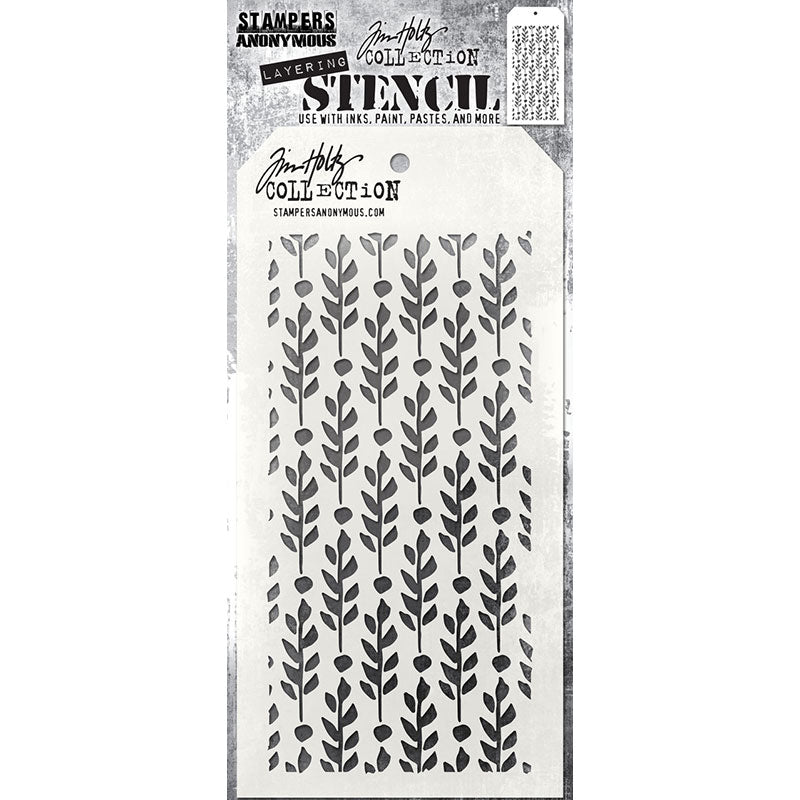 Berry Leaves - Layering Stencil by Tim Holtz and Stampers Anonymous ... mixed media and visual arts masks for adding patterns and layers using your favourite mediums. One stencil with a design of short rectangles. Overall stencil is 4" x 8 1/2". THS174. This wonderful Tim Holtz layering stencil has beautiful leafy tree or fronds or branches growing vertically up the stencil area, each with a berry inbetween. This is sure to be (another) well used stencil.