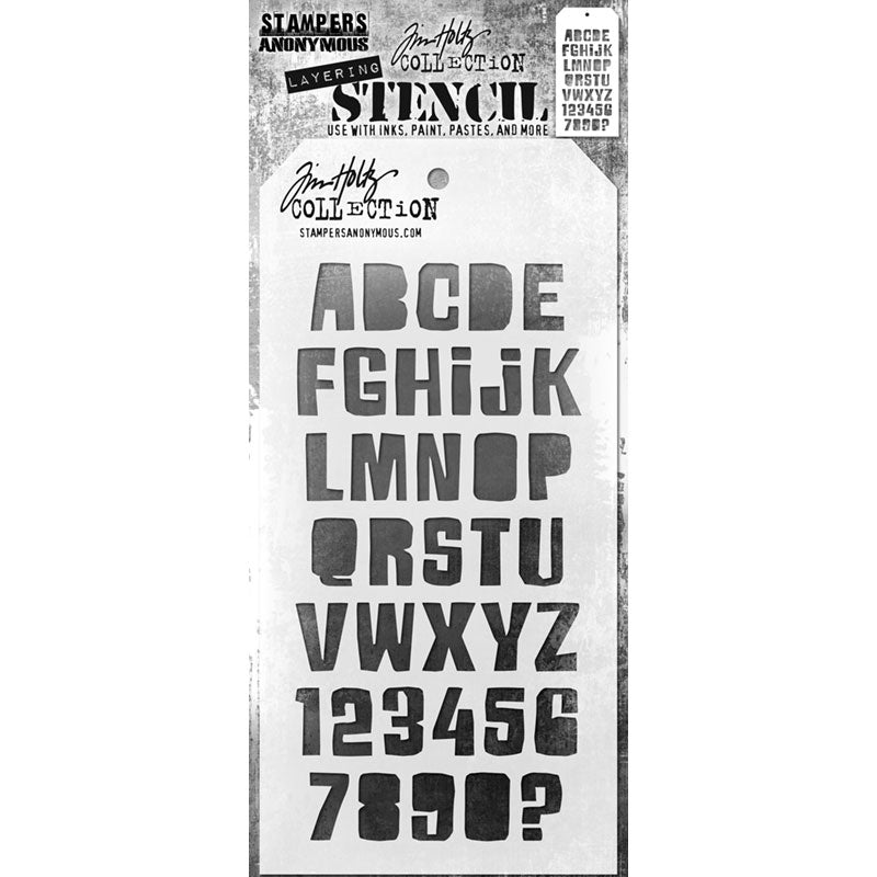 Cut Out Alpha - Layering Stencil by Tim Holtz and Stampers Anonymous ... mixed media and visual arts masks for adding patterns and layers to creative makes using your favourite paints and mediums. Overall stencil is 4" x 8 1/2". THS176. This versatile and fun Tim Holtz layering stencil has a modern chunky alphabet, numbers and question mark to use as either patterns in the background or to use one letter or number at a time for telling a story. The typeface is retro thick thin chunky typeface.