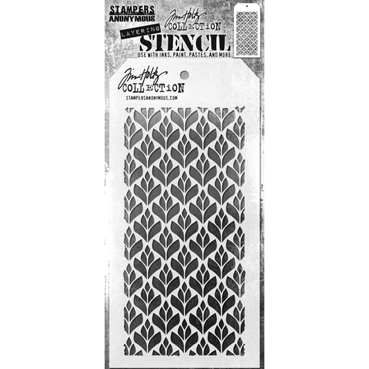 Deco Floral - Layering Stencil by Tim Holtz and Stampers Anonymous ... mixed media and visual arts masks for adding patterns and layers to creative makes using your favourite paints and mediums. Overall stencil is 4" x 8 1/2". THS182. This versatile Tim Holtz layering stencil is covered with beautiful Art Deco style symmetrical diamond shaped 5-petal flowers, placed together in alternating rows over the whole area.