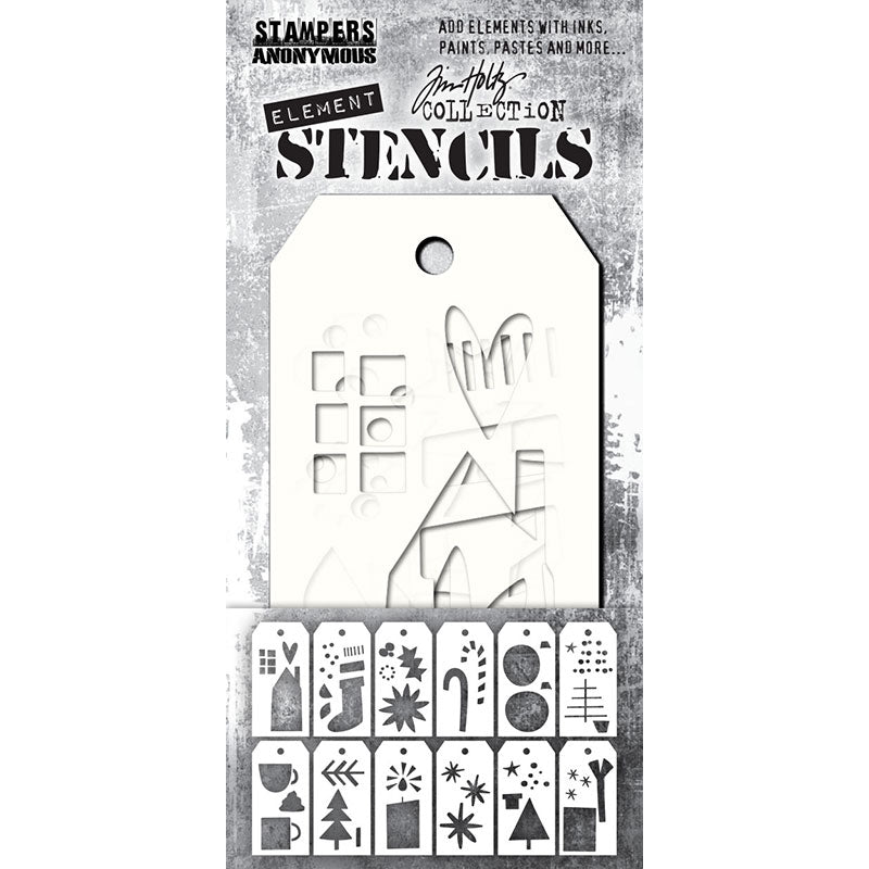 Festive Art - Elements Layering Stencils by Tim Holtz ... 12 (twelve) stencils, each approx 2 3/8" x 4 3/4" (6cm x 12cm) in size, and featuring a variety of wonderful shapes and designs for all kinds of creative making (THEST005).  Elements in this pack of Tim Holtz Layering Stencils include teacups, coffee mug, trees of varying kinds, house, hears, stars, candy canes in layers, stars, sparkles, basic shapes and much more.