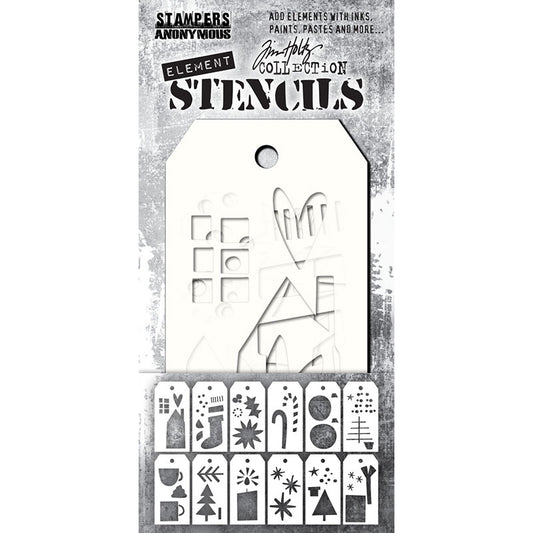 Festive Art - Elements Layering Stencils by Tim Holtz ... 12 (twelve) stencils, each approx 2 3/8" x 4 3/4" (6cm x 12cm) in size, and featuring a variety of wonderful shapes and designs for all kinds of creative making (THEST005).  Elements in this pack of Tim Holtz Layering Stencils include teacups, coffee mug, trees of varying kinds, house, hears, stars, candy canes in layers, stars, sparkles, basic shapes and much more.