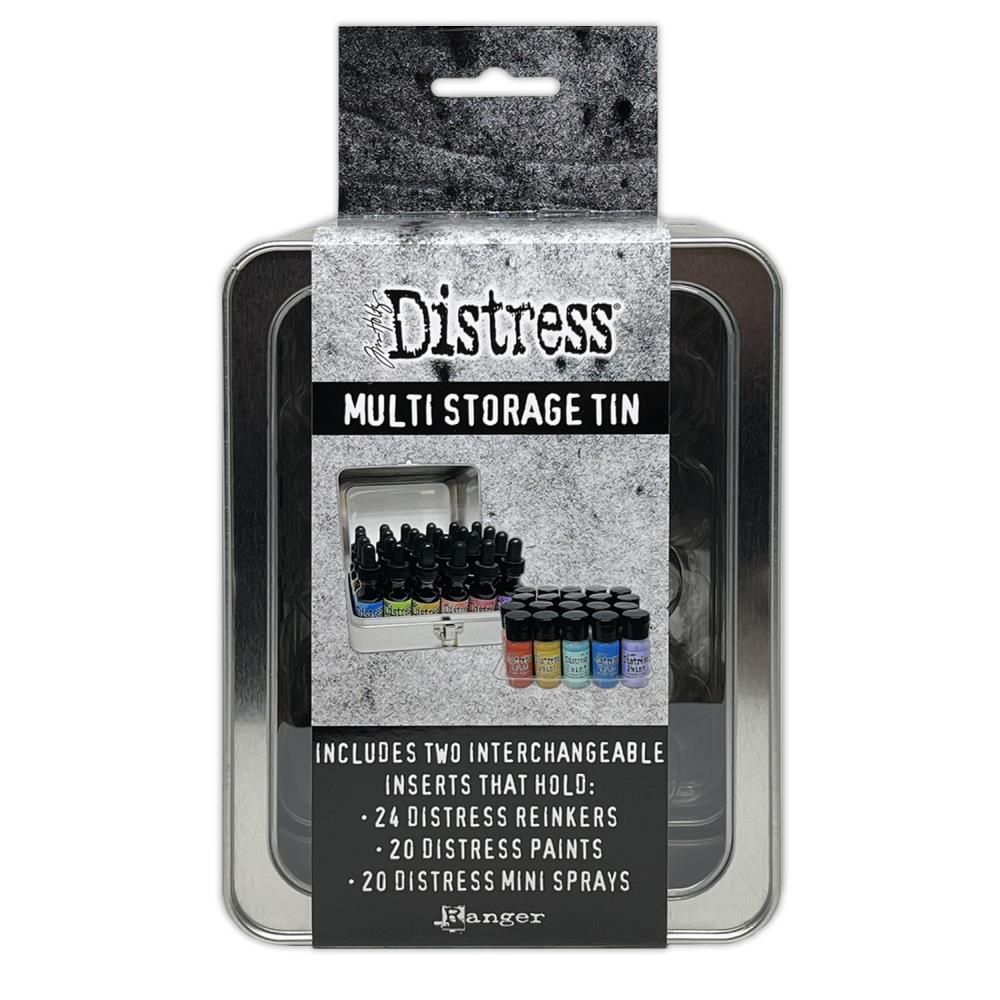 Distress Multi Purpose Storage Tin ... by Tim Holtz and Ranger - 1 (one) empty metal container with hinged lid and window. Stylish and stackable, holds a variety of essentials including Distress Paints, (glass) Reinkers, Mica (Mini) Sprays plus Dylusions Paints (bottles), Shimmer Paints, Shimmer Sprays and Dina Wakley MEdia Paints (bottles). Size is approx 6 3/4" x 5 1/8" x 4 1/4" deep.
