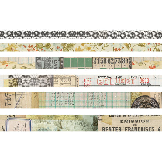 Collector Design Tape, 6 Rolls ... by Tim Holtz Idea-Ology - 6 (six) rolls of decorative adhesive paper tape in various widths, from 10mm to 20mm wide, each 6 yards (5.49 metres) long. 1 (one) of each roll (collaged vintage designs). TH93674 , vintage collaged designs including a square diamond border pattern, watercolour style floral foliage border, bingo card element, grid paper (graph paper), labels, stamped words, and more.