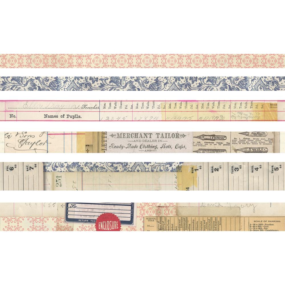 Merchant Design Tape, 6 Rolls ... by Tim Holtz Idea-Ology - 6 (six) rolls of decorative adhesive paper tape in various widths, from 10mm to 20mm wide, each 6 yards (5.49 metres) long. 1 (one) of each roll (collaged vintage designs).
Add a touch of nostalgia to your books, artwork and planner pages with Tim Holtz Idea-Ology Design (washi) Tape in wonderful vintage patterns of ledger elements, diary notes, pen nibs, blue and white floral border, peach and white tiny floral border, and more. TH93673
