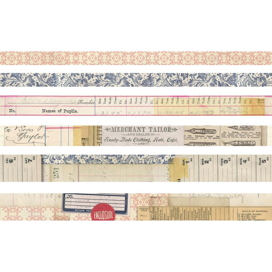Merchant Design Tape, 6 Rolls ... by Tim Holtz Idea-Ology - 6 (six) rolls of decorative adhesive paper tape in various widths, from 10mm to 20mm wide, each 6 yards (5.49 metres) long. 1 (one) of each roll (collaged vintage designs).
Add a touch of nostalgia to your books, artwork and planner pages with Tim Holtz Idea-Ology Design (washi) Tape in wonderful vintage patterns of ledger elements, diary notes, pen nibs, blue and white floral border, peach and white tiny floral border, and more. TH93673
