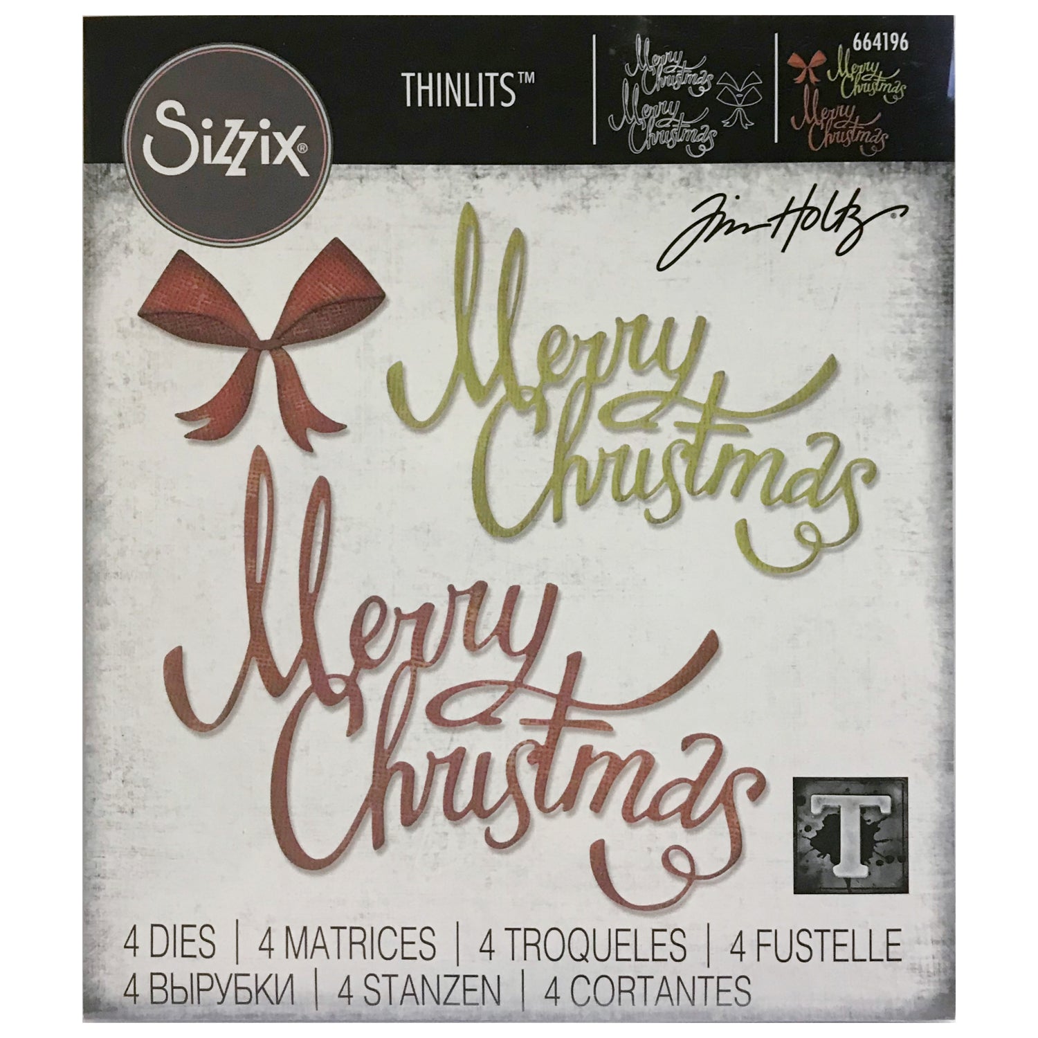 Christmas Ribbon - Sizzix Thinlits die cutting templates by Tim Holtz. A pair of beautifully designed phrases "Merry Christmas" with a lovely bow to cut out of paper, cardstock, lightweight fabric and more for journaling, bookmaking, papercrafts, visual arts and scrapbooking. 4 (four) templates in total (no.664196).