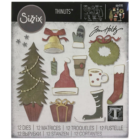 Festive Things - Sizzix Thinlits die cutting templates by Tim Holtz. A wonderful collection of Christmas essentials to cut out of paper, cardstock, lightweight fabric and more for journaling, bookmaking, papercrafts, visual arts and scrapbooking. 12 (twelve) templates in total (no.664191).