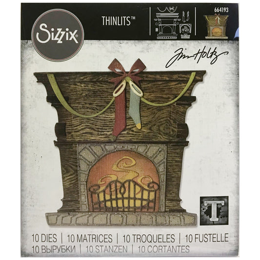 Fireside - Sizzix Thinlits die cutting templates by Tim Holtz. A fireplace or fireside with mantlepiece, bow, stockings, fire, grate, and trimmings to cut out of paper, cardstock, lightweight fabric and more for journaling, bookmaking, papercrafts, visual arts and scrapbooking. 10 (ten) templates in total (no.664193).