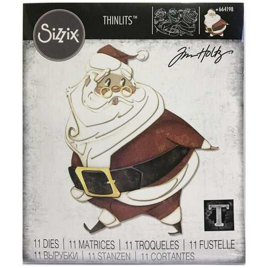 Jolly St Nick - Sizzix Thinlits die cutting templates by Tim Holtz. Use this set of dies to create a walking Santa Claus or Father Christmas out of paper, cardstock, lightweight fabric and more for journaling, bookmaking, papercrafts, visual arts and scrapbooking. 11 (eleven) templates in total (no.664198).