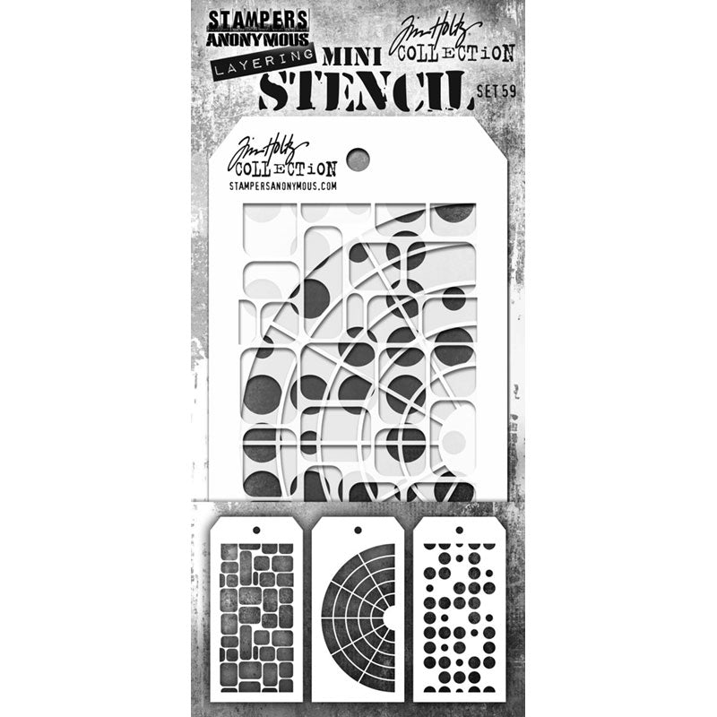 Set 59 - Mini Layering Stencils by Tim Holtz and Stampers Anonymous ... 3 (three) designs (one of each) : Labels, Wheel, Dots. Used to create patterns and textures to all kinds of mixed media, visual arts and paper crafts. Overall tag size is 8cm x 16cm (THMS059).