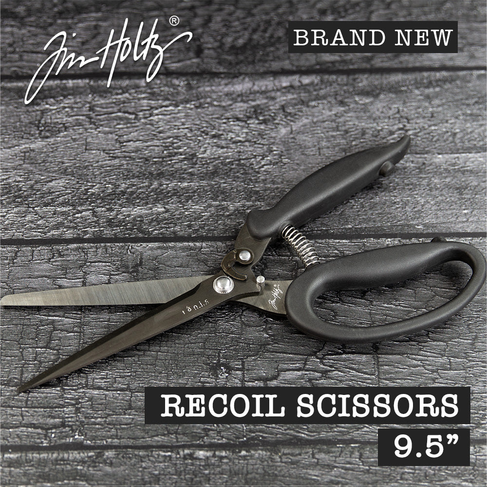Recoil Snips, 9.5" Scissors - by Tim Holtz and Tonic Studios ... Titanium-coated, double-bevelled long, straight, smooth, strong and sharp blades with customisable spring tension to provide a smooth precise cutting experience for both left and right handed crafters. Image of an open pair of Tim Holtz Tonic Studios Recoil Scissors (9.5" shears).