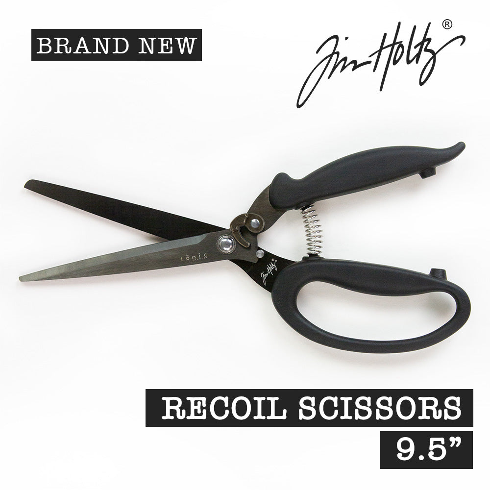 Recoil Snips, 9.5" Scissors - by Tim Holtz and Tonic Studios ... Titanium-coated, double-bevelled long, straight, smooth, strong and sharp blades with customisable spring tension to provide a smooth precise cutting experience for both left and right handed crafters. Image of an open pair of Tim Holtz Tonic Studios Recoil Scissors (9.5" shears).