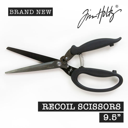 Recoil Snips, 9.5" Scissors - by Tim Holtz and Tonic Studios ... Titanium-coated, double-bevelled long, straight, smooth, strong and sharp blades with customisable spring tension to provide a smooth precise cutting experience for both left and right handed crafters. Image of an open pair of Tim Holtz Tonic Studios Recoil Scissors (9.5" shears).