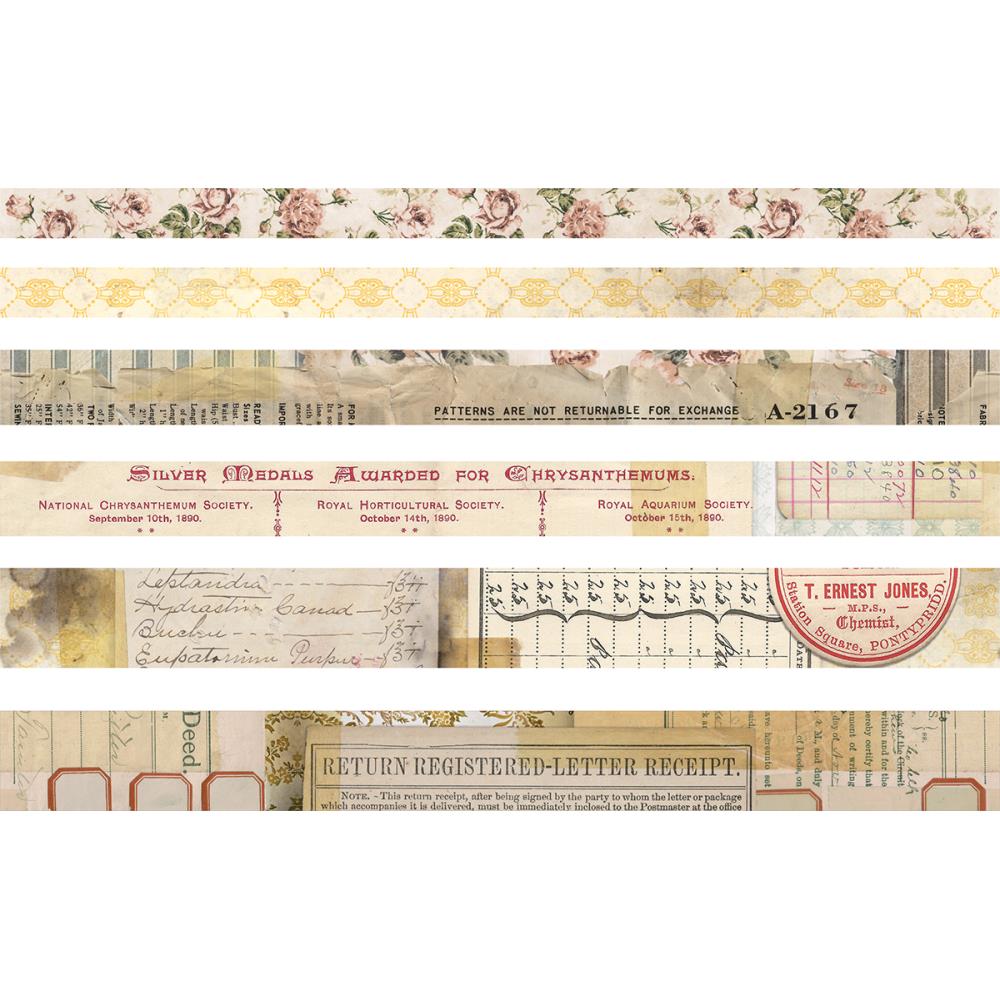 overall designs of the Remnants Design Tape, 6 Rolls ... by Tim Holtz Idea-Ology - 6 (six) rolls of decorative adhesive paper tape in various widths, from 10mm to 20mm wide, each 6 yards (5.49 metres) long. 1 (one) of each design. Add a touch of nostalgia to your books, artwork and planner pages with Tim Holtz Idea-Ology Design (washi) Tape in wonderful salvaged vintage designs of roses, patterns, postmarks, stationery and more. TH93671