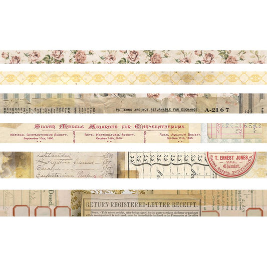 overall designs of the Remnants Design Tape, 6 Rolls ... by Tim Holtz Idea-Ology - 6 (six) rolls of decorative adhesive paper tape in various widths, from 10mm to 20mm wide, each 6 yards (5.49 metres) long. 1 (one) of each design.  Add a touch of nostalgia to your books, artwork and planner pages with Tim Holtz Idea-Ology Design (washi) Tape in wonderful salvaged vintage designs of roses, patterns, postmarks, stationery and more. TH93671