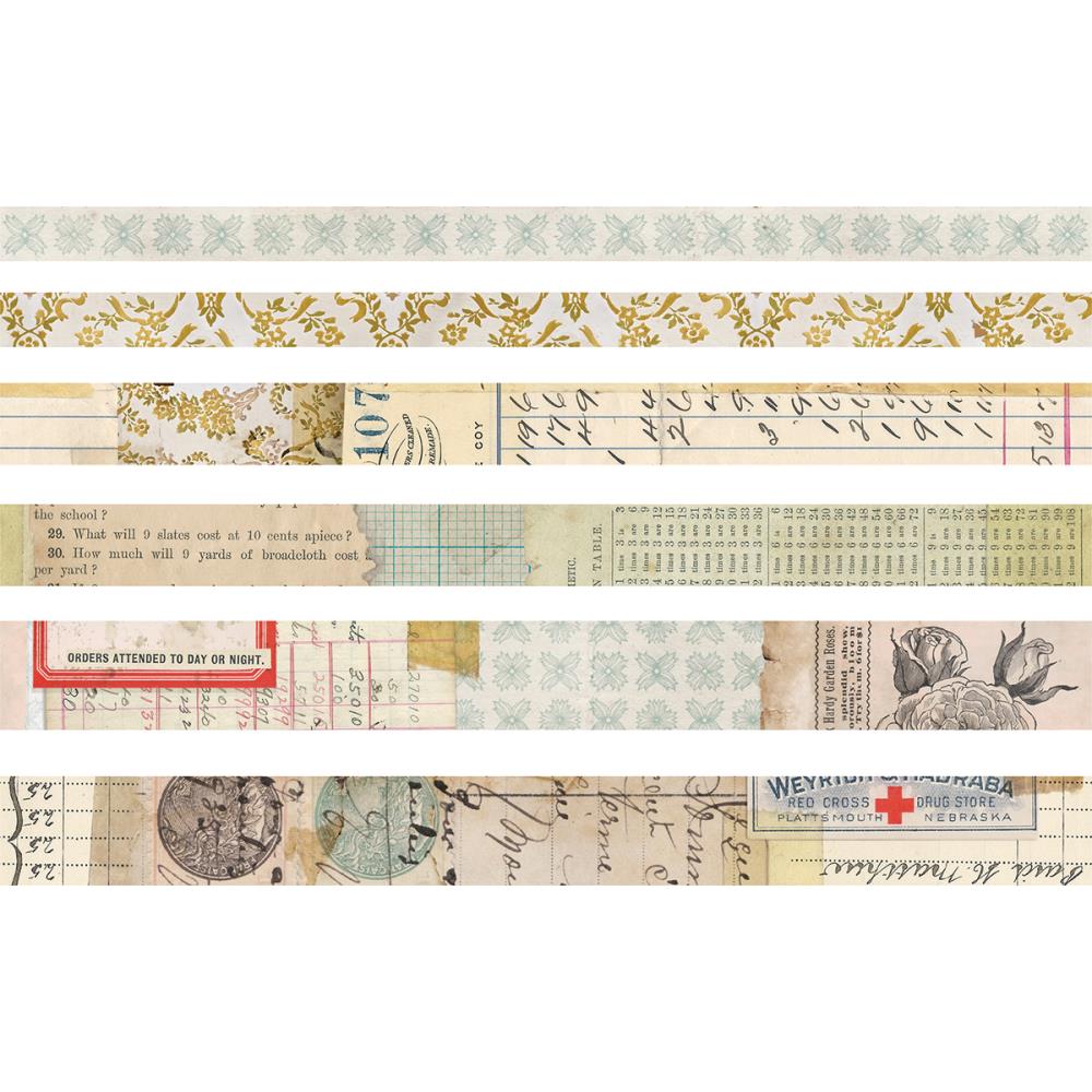 Salvaged Design Tape, 6 Rolls ... by Tim Holtz Idea-Ology - 6 (six) rolls of decorative adhesive paper tape in various widths, from 10mm to 20mm wide, each 6 yards (5.49 metres) long. 1 (one) of each roll (collaged vintage designs).
Add a touch of nostalgia to your books, artwork and planner pages with Tim Holtz Idea-Ology Design (washi) Tape in wonderful salvaged vintage cool toned colourways in designs of roses, writing, ledger, floral borders and more. TH93672