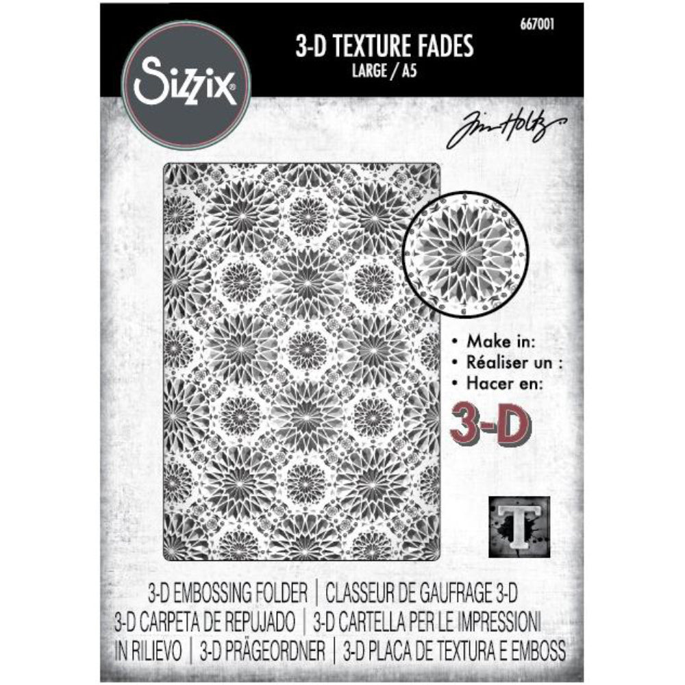 Kaleidoscope - Large, A5 (6in x 8.5in) ... 3D Texture Fades Embossing Folder ... by Tim Holtz and Sizzix (no.667001). Create dimensional embossed texture for cards, journal pages, bookmaking, book covers, papercrafts and visual creative arts.
This A5 (6" x 8 1/2", 15cm x 21.5cm) large embossing folder has a background of many beautiful detailed mandalas or rosettes reflected in the kaleidoscope mirrors, in varying sizes over the whole embossing folder.