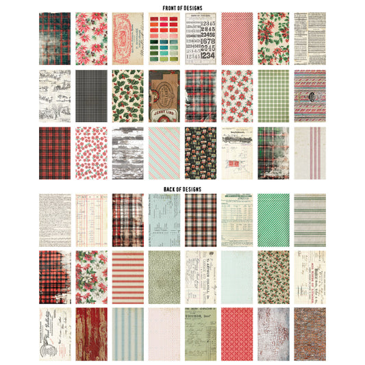 overview of Backdrops, Christmas 2025 - Idea-Ology by Tim Holtz ... a beautiful collection of salvaged designs and memorabilia, printed double sided on smooth matte paper. 24 sheets of double sided cardstock (48 designs) with a smooth finish. Sheet size is 6"x10". TH94443 This wonderful seasonal pack includes sheet poinsettia and holly, plaid backgrounds, rustic finds, crackled patterns, spots, writing, plaid or checker fabrics, scenes, swatches, festive houses, ledgers, box labels, sheet music and more.