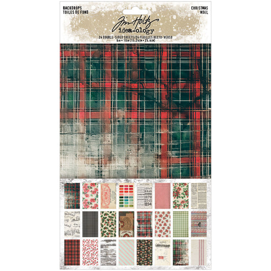 Backdrops, Christmas 2025 - Idea-Ology by Tim Holtz ... a beautiful collection of salvaged designs and memorabilia, printed double sided on smooth matte paper. 24 sheets of double sided cardstock (48 designs) with a smooth finish. Sheet size is 6"x10". TH94443 This wonderful seasonal pack includes sheet poinsettia and holly, plaid backgrounds, rustic finds, crackled patterns, spots, writing, plaid or checker fabrics, scenes, swatches, festive houses, ledgers, box labels, sheet music and more.
