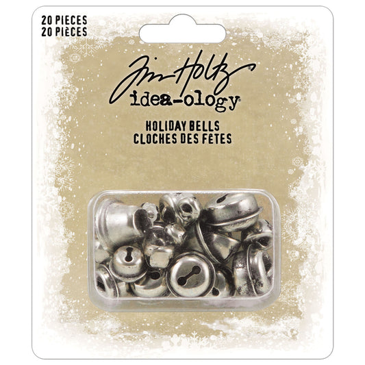 Holiday Bells (assorted sizes, silver coloured metal) ... Idea-Ology Adornments by Tim Holtz. Beautifully detailed silver coloured metal miniature bells to use as embellishments for Christmas and other celebrations with display makes, dioramas, mixed media, paper crafts, cardmaking, junk journals, scrapbooking and visual arts. 20 (twenty) pieces of bells and baubles, each with jingles.