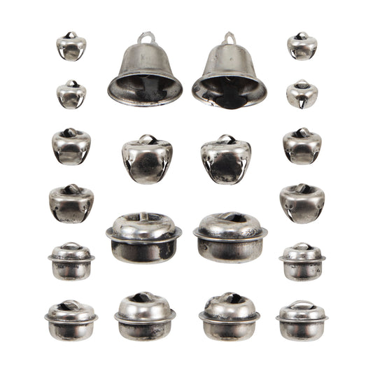 Holiday Bells (assorted sizes, silver coloured metal) ... Idea-Ology Adornments by Tim Holtz. Beautifully detailed silver coloured metal miniature bells to use as embellishments for Christmas and other celebrations with display makes, dioramas, mixed media, paper crafts, cardmaking, junk journals, scrapbooking and visual arts. 20 (twenty) pieces of bells and baubles, each with jingles.