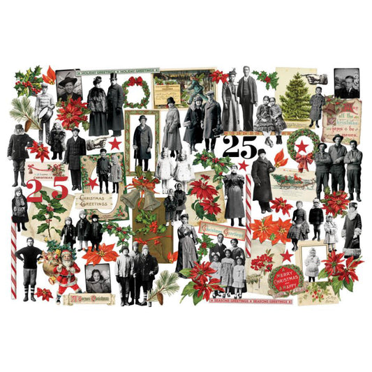 Paper Dolls and Layers - Christmas 2025 ... Idea-Ology by Tim Holtz (TH94449). 87 (eighty seven) die cut pieces printed on heavyweight cardstock with a matte finish. This beautiful curated collection of printed die cut paper pieces features loved friends and families, people posing, drummers drumming, crown wearing besties, labels, foliage, flowers, big numbers 2 and 5, red stars, Santa and the sleigh, frames, wonderful scenes, labels, branches, pine trees and much more.